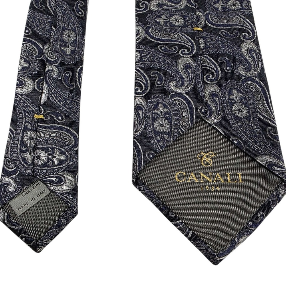 CANALI Paisley Silk Tie Black Silver Made in‎ Italy Men's Formal Luxury Power - Picture 2 of 12